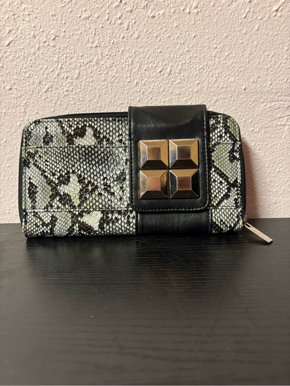 Snake Print Studded Zip Around Continental Wallet Black Silver Clutch